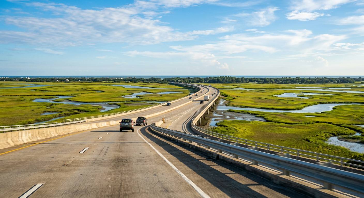 A flat concrete highway bridge crossing over wide green salt marshes under a blue sky