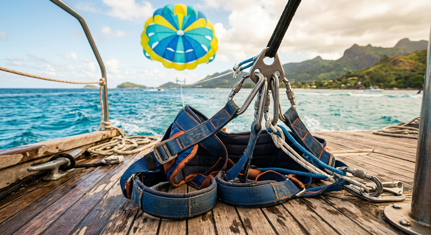A heavy nylon parasailing harness clipped to metal carabiners on a boat deck