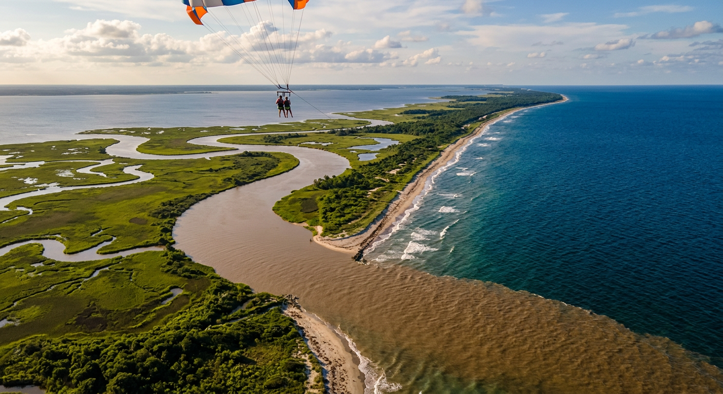 An aerial view from a parasail showing a sharp divide between murky brown river water and deep blue ocean water along a green marsh coastline