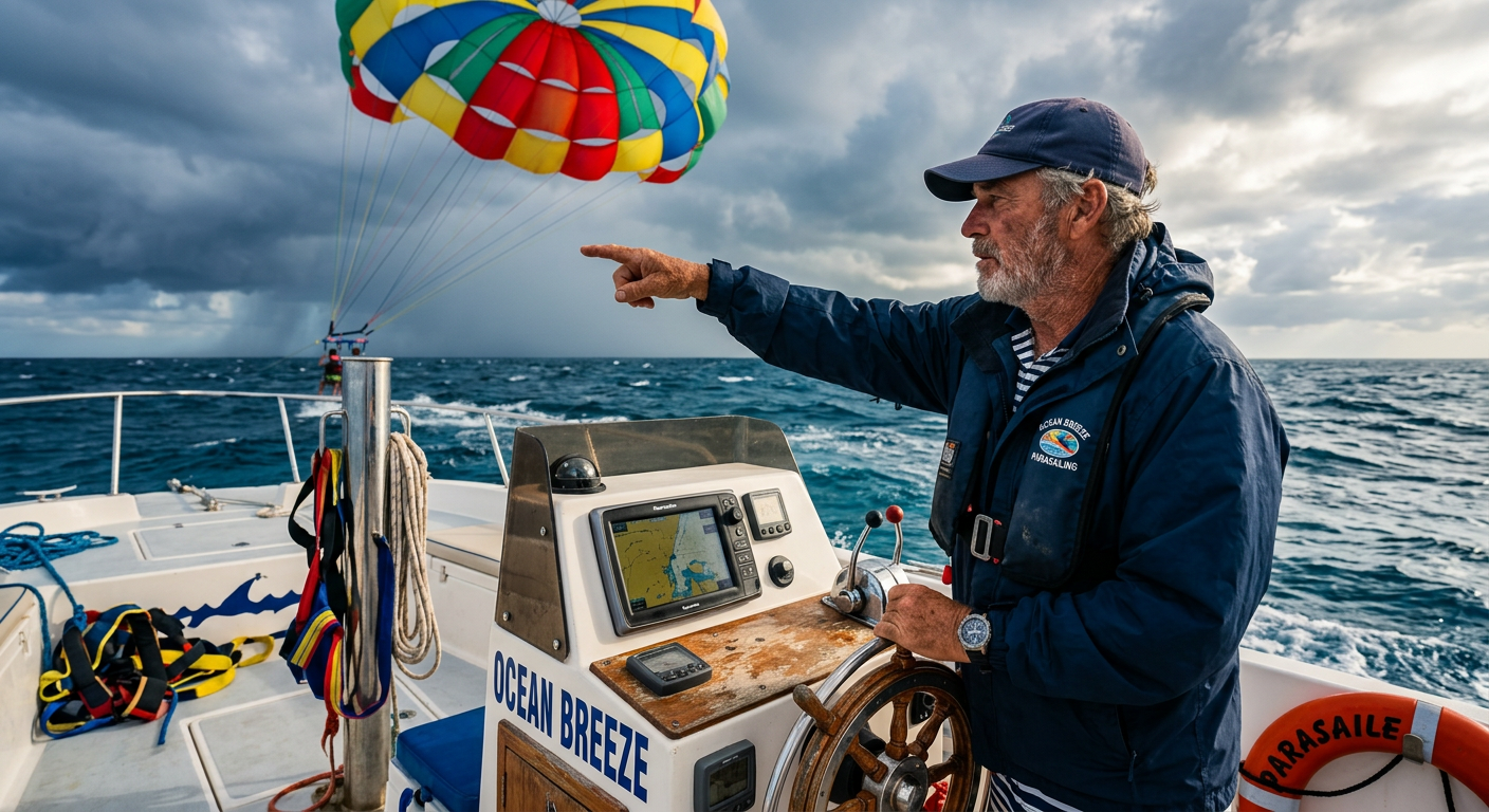 A weathered boat captain standing at the helm of a parasail vessel, pointing toward storm clouds over the Atlantic Ocean