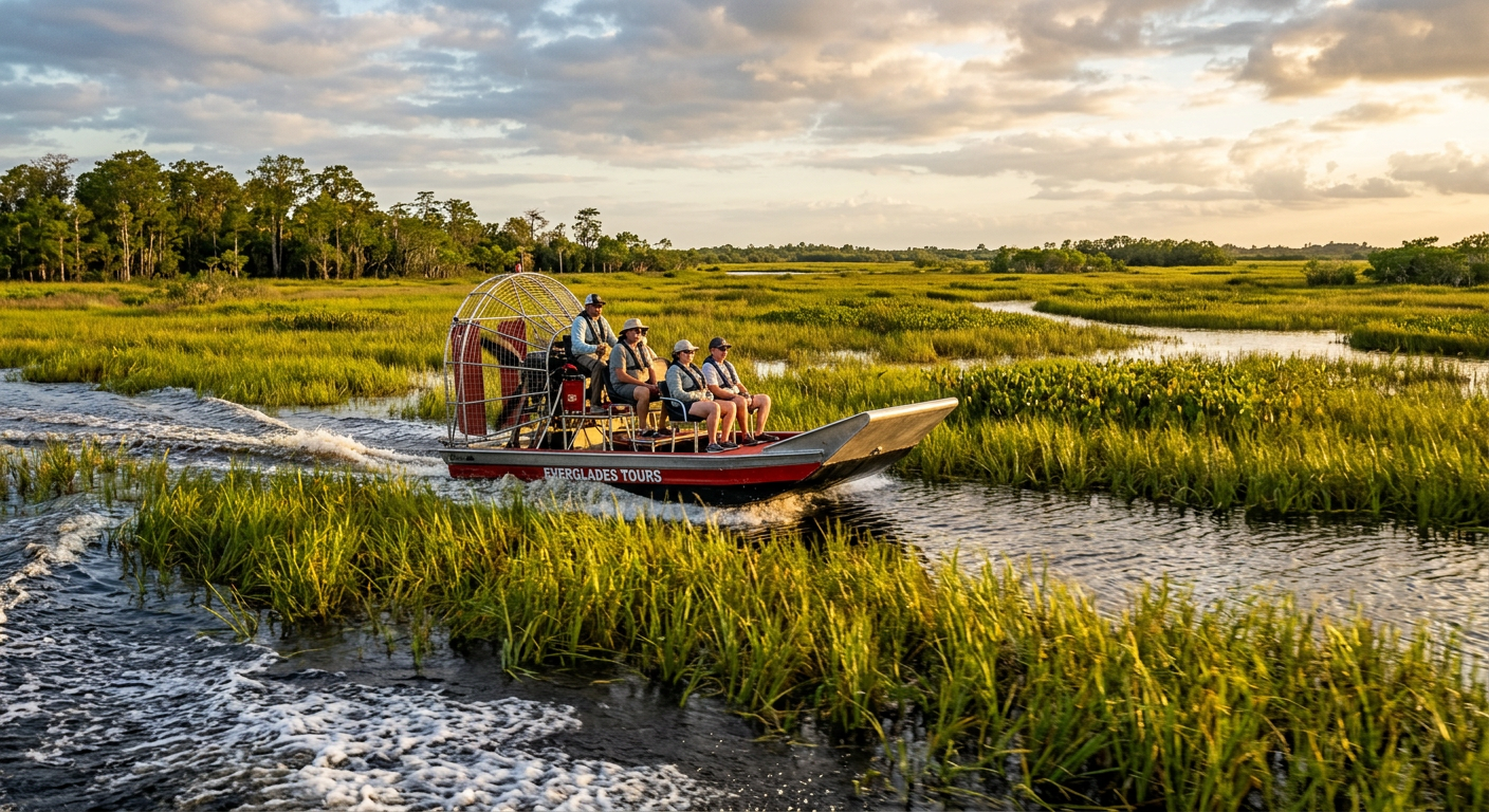 An airboat gliding over dense sawgrass in the Florida wetlands