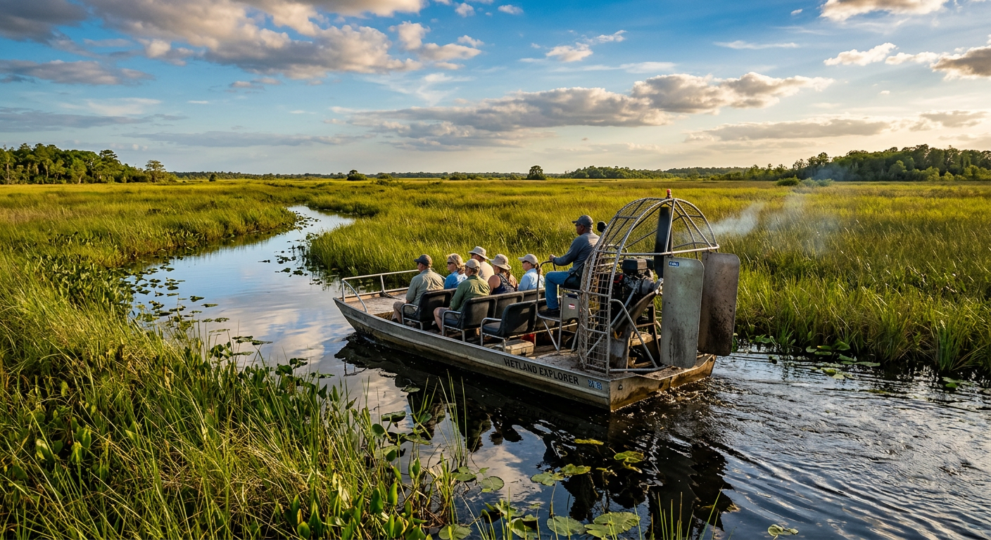 A small six-seat airboat drifting through thick green sawgrass in shallow wetland water