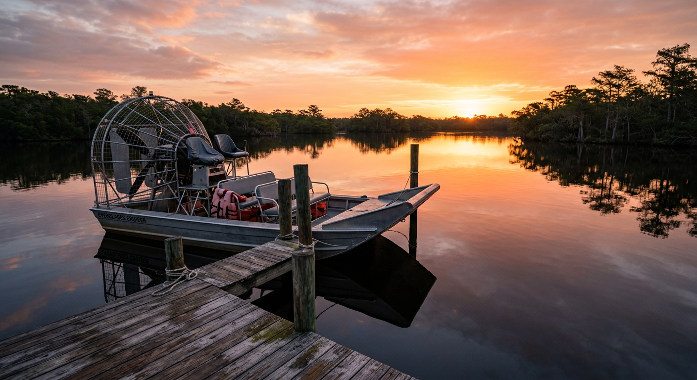 An empty airboat moored to a wooden dock at sunrise with warm light reflecting off still dark water