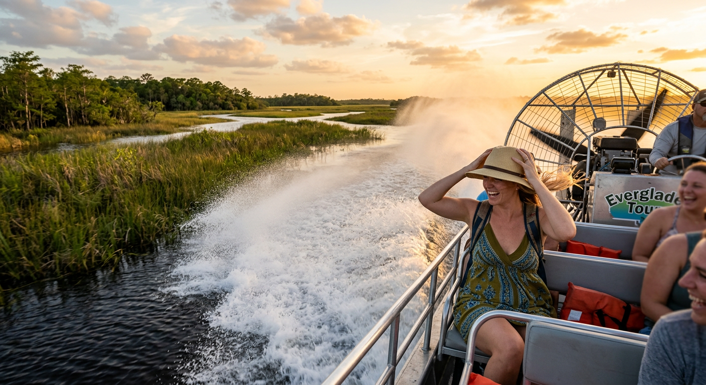 A passenger holding onto a hat while wind and water spray backward from a moving airboat in the Everglades