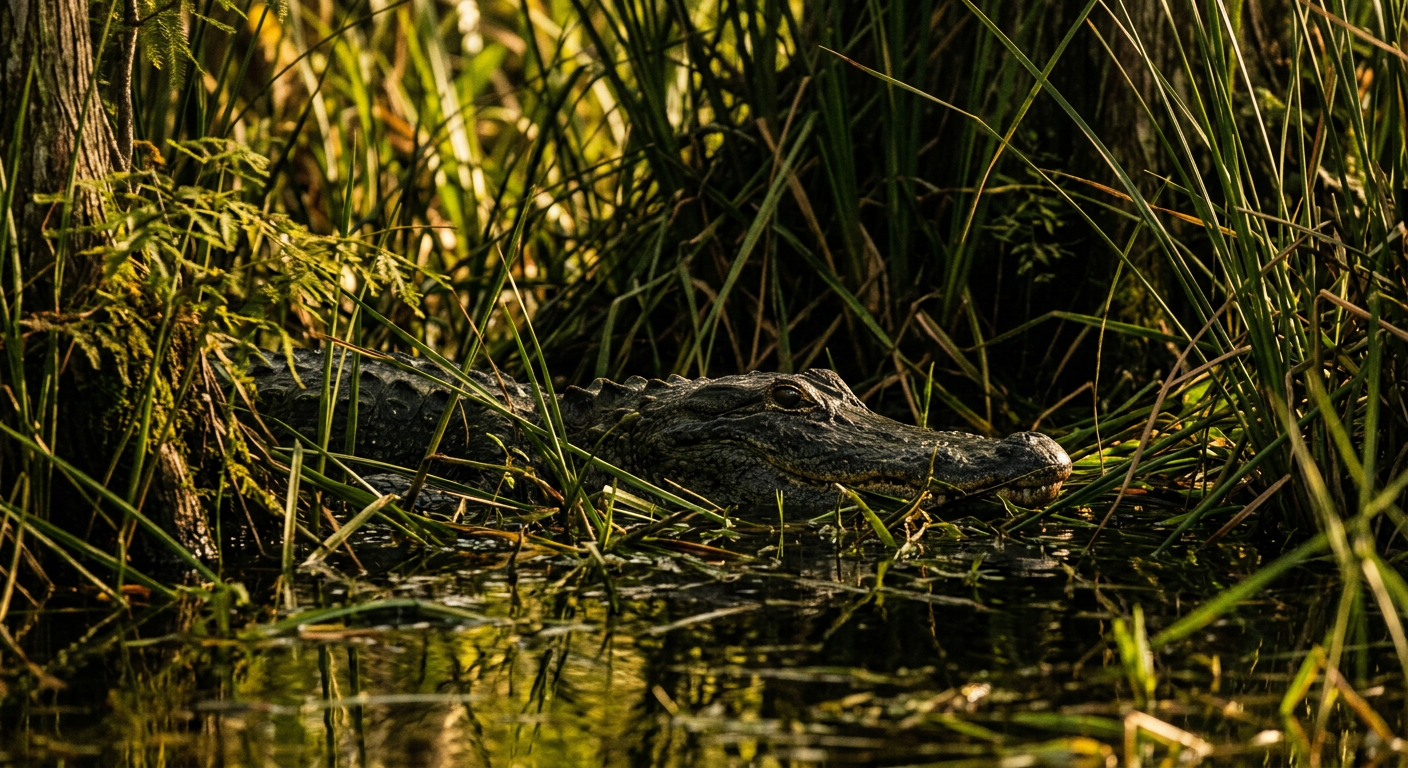 An American alligator partially hidden in the shadows of thick swamp sawgrass with only a snout visible