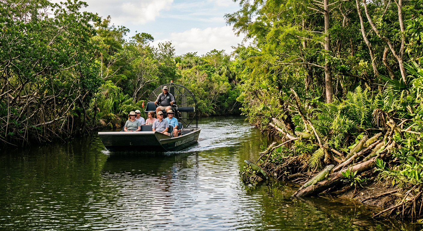 An airboat navigating a narrow canal bordered by dense vegetation where invasive iguanas sun themselves on the banks