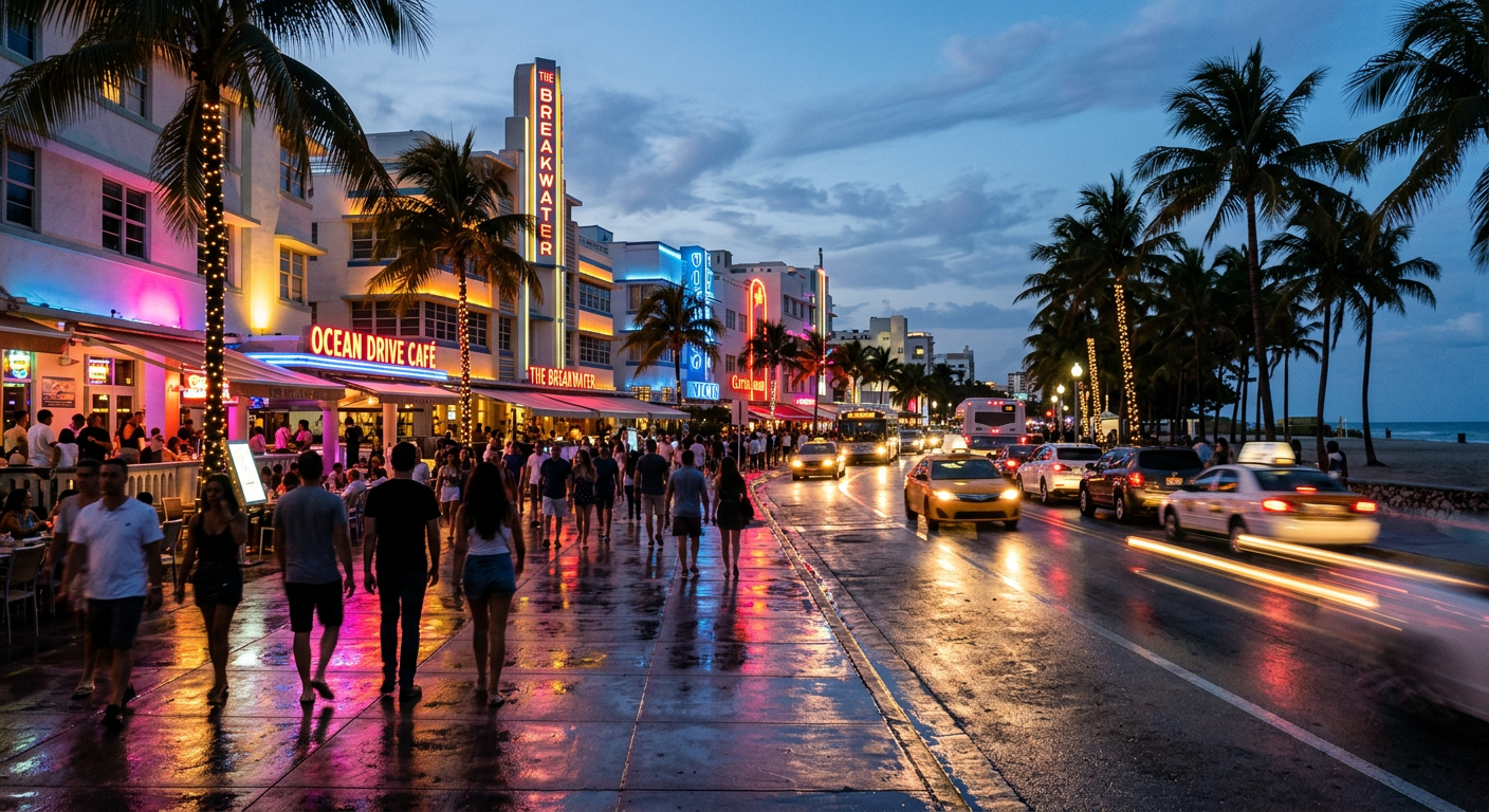 Neon lights reflecting off the wet pavement of crowded sidewalks in South Beach, Miami