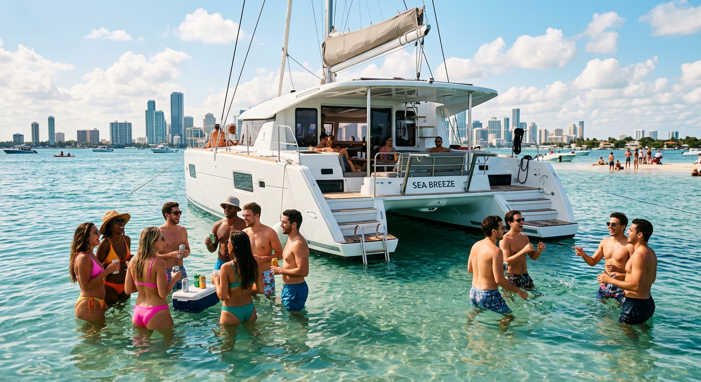 Groups of young people laughing and standing in waist-deep water around a modern catamaran near a Miami sandbar