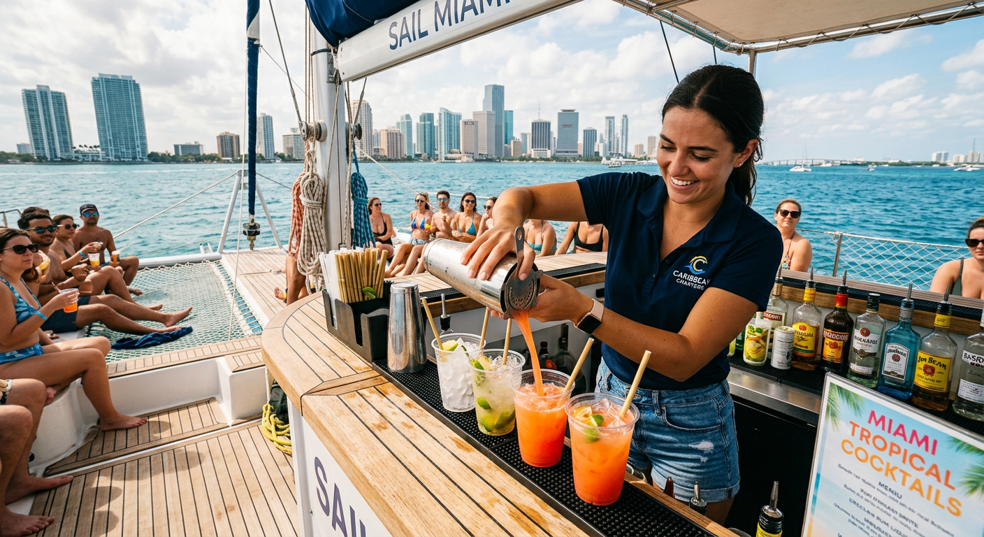 A bartender pouring mixed drinks into plastic cups on the sunny deck of a Miami catamaran