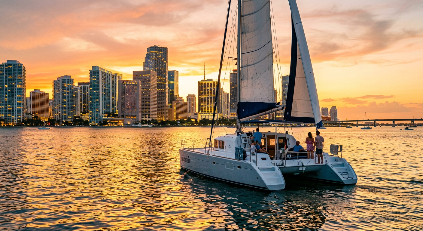 Catamaran sailing past the Miami downtown skyline at sunset with golden light reflecting off the water