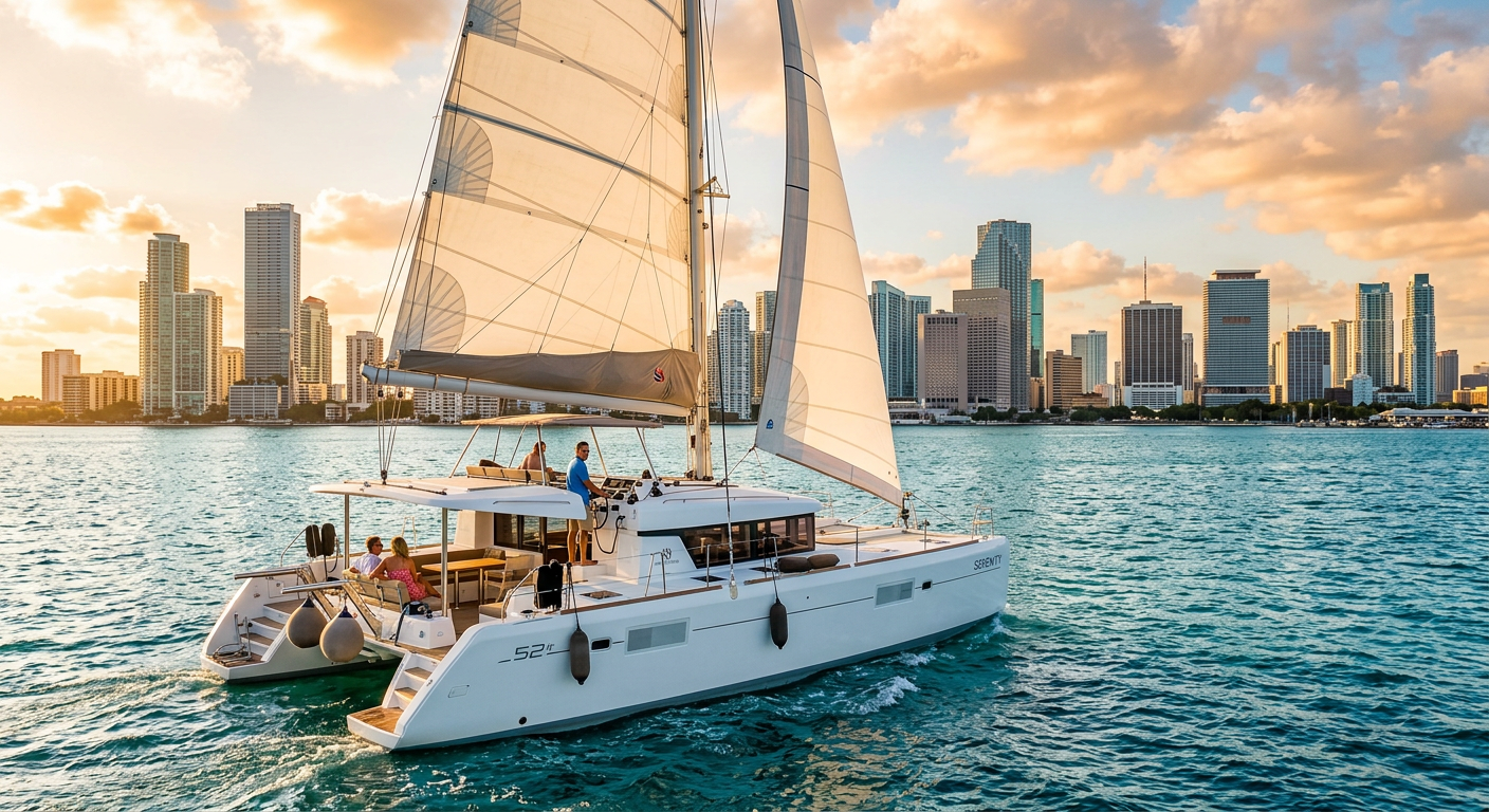 A private catamaran sailing smoothly on Biscayne Bay with the Miami skyline in the background