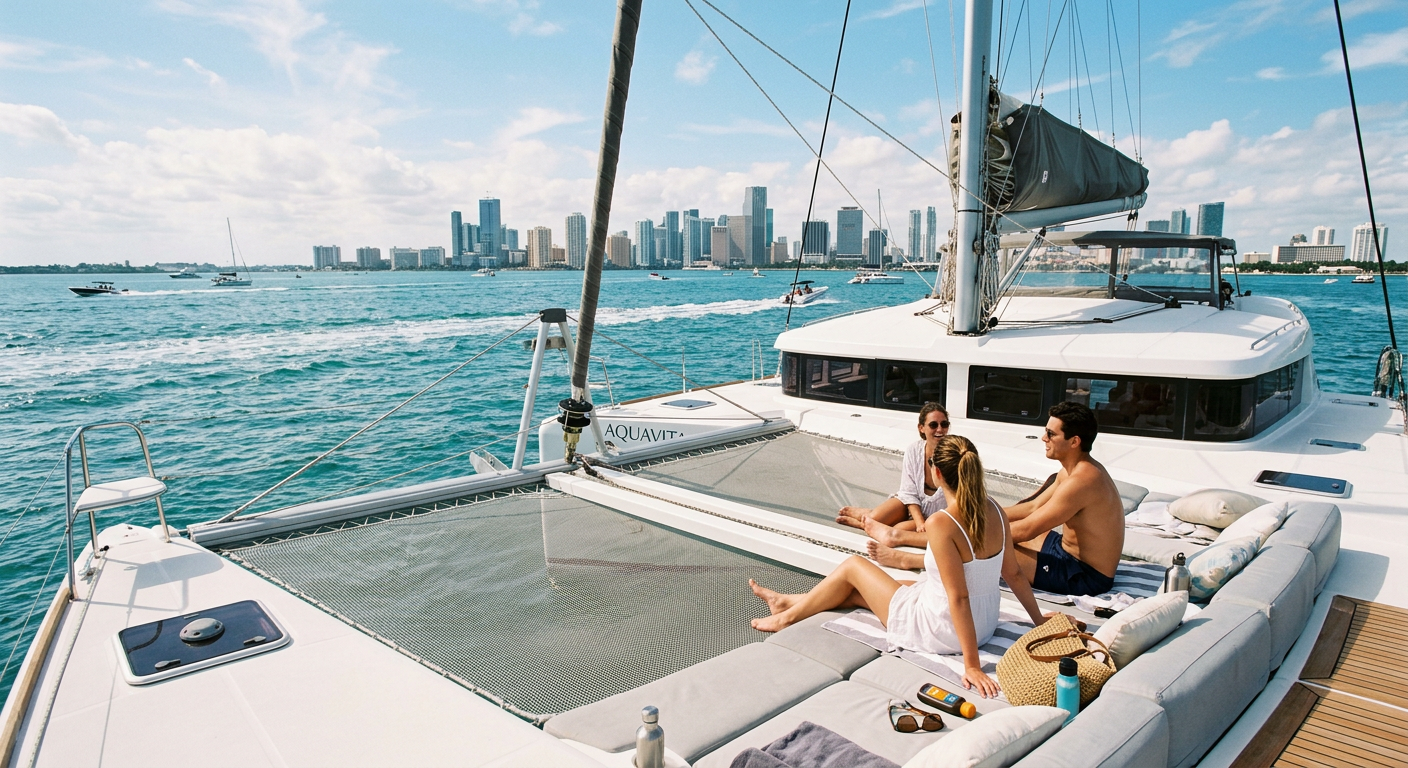 Passengers lounging barefoot on the bow cushions of a white catamaran cruising through Biscayne Bay