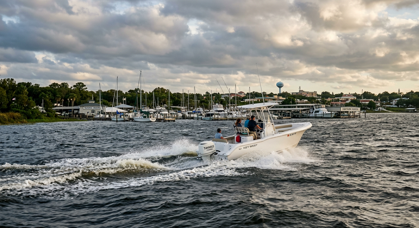 A white center console boat cutting through choppy dark water near the Tavares marina under a cloudy sky