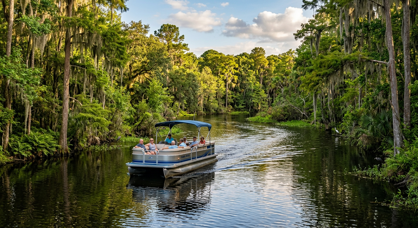 A pontoon boat navigating the narrow, tree-lined waters of the Dead River between Lake Harris and Lake Eustis in Florida