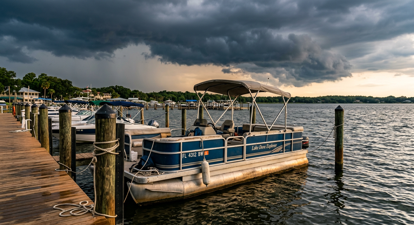 Older pontoon boat tied to thick wooden pilings at a Tavares marina with dark storm clouds gathering over the water