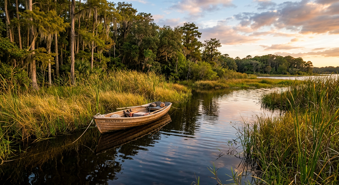 A small boat anchored in a calm, secluded inlet on Little Lake Harris surrounded by tall marsh grass and dark water