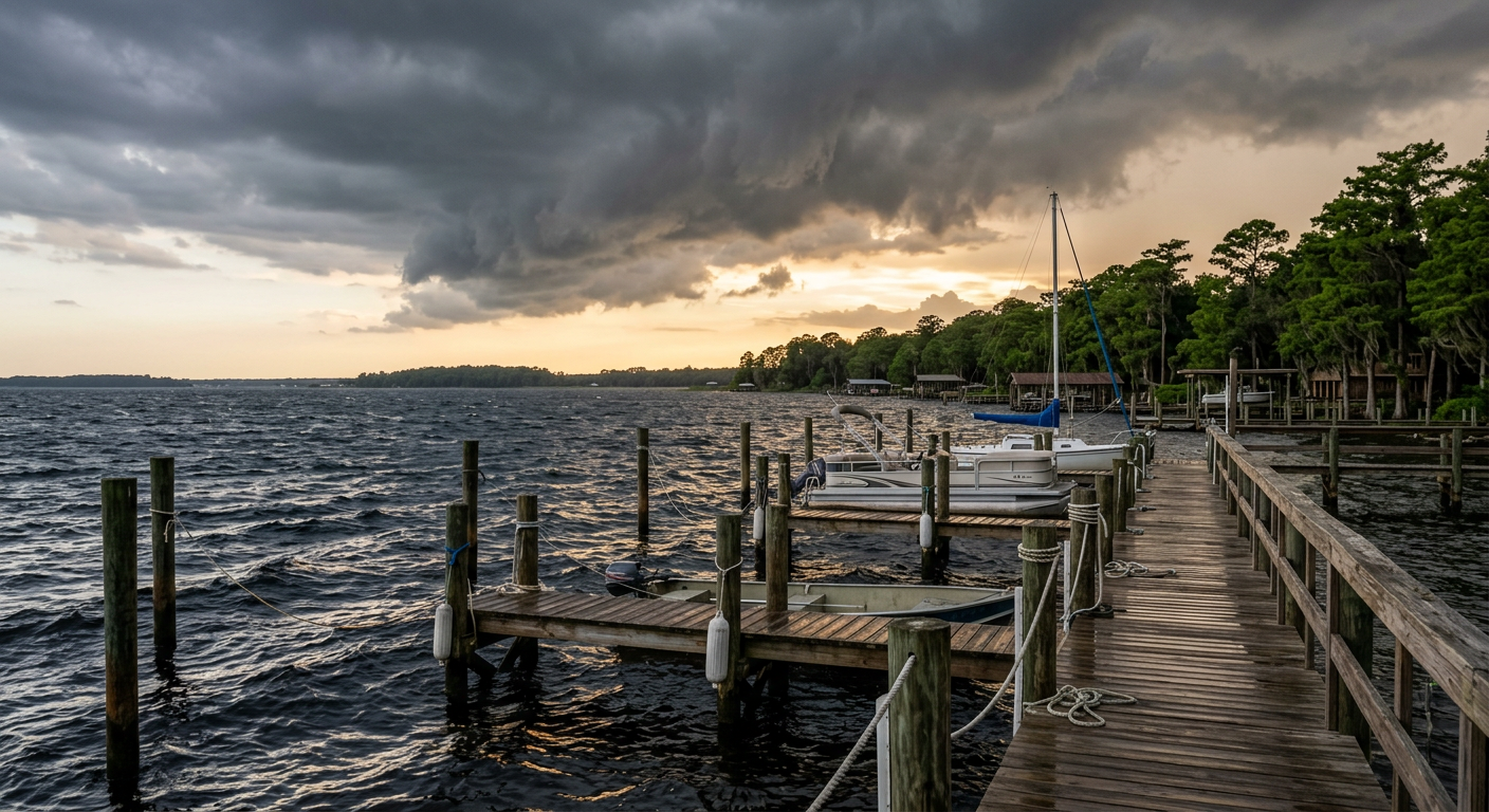 Dark gray storm clouds gathering over the choppy waters of Lake Harris near a wooden marina dock