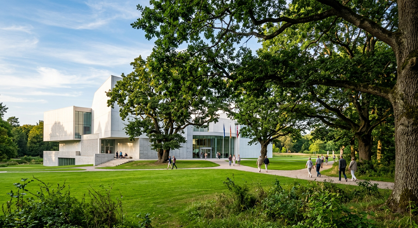 Large white concrete museum building surrounded by sprawling old oak trees and green lawn