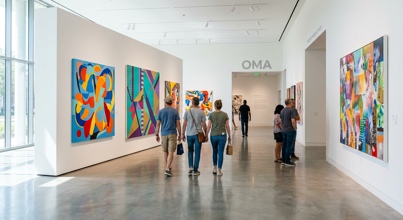 Visitors walking quietly past bright contemporary paintings in the Orlando Museum of Art