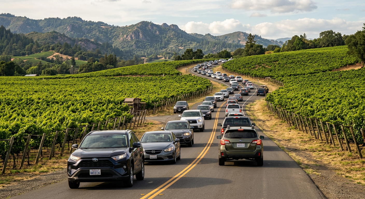 A long line of cars stuck in slow traffic on a two-lane road flanked by green vineyards in Napa Valley