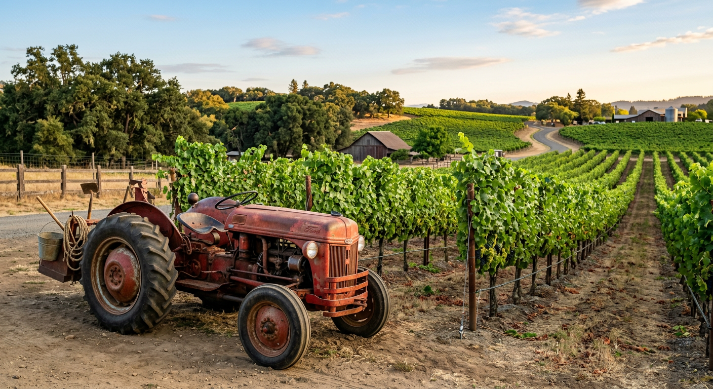 A rusted vintage red tractor parked beside rows of green grapevines in Sonoma County