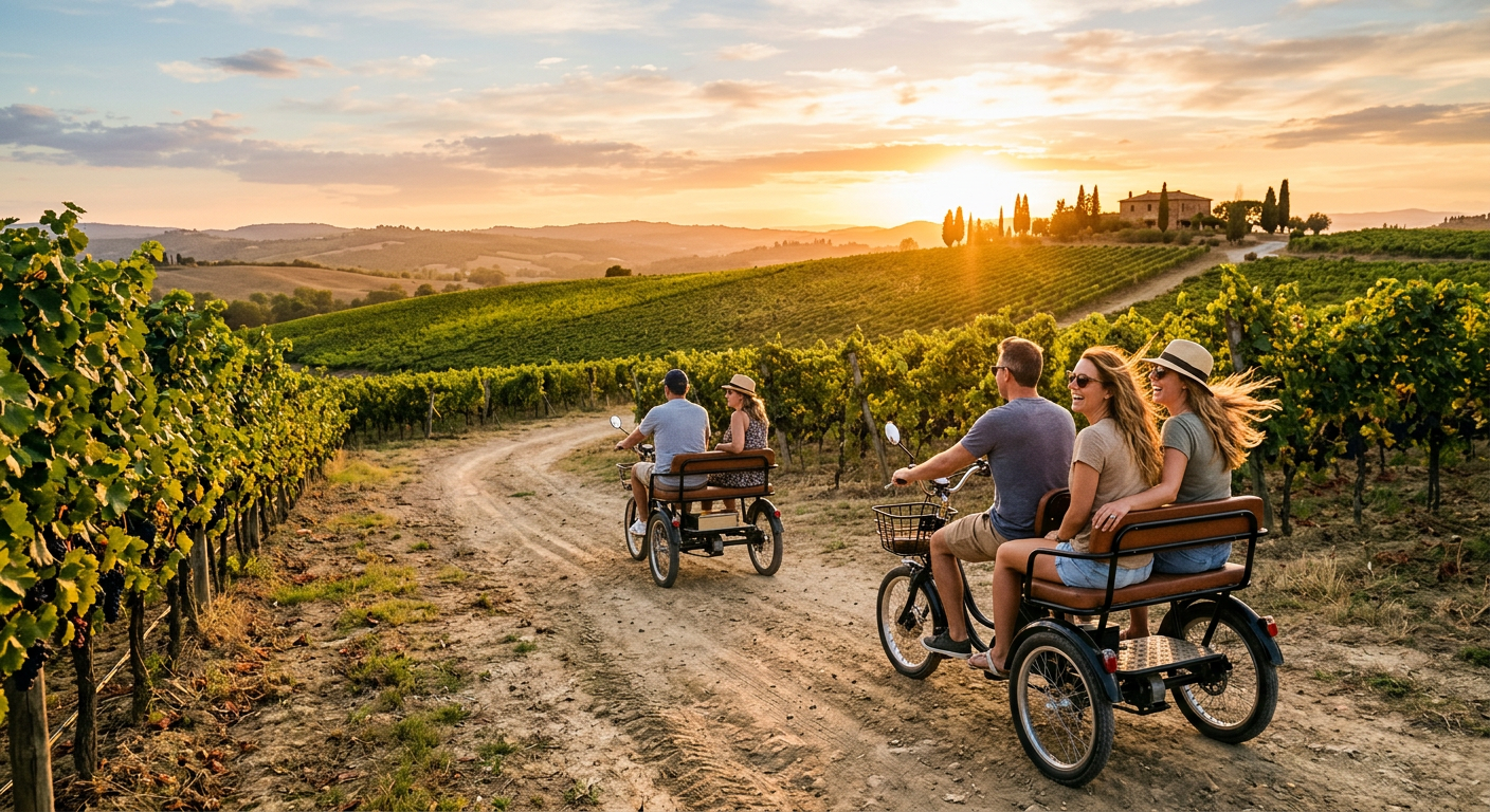 Tourists riding electric open-air trikes on a dirt path next to rows of grape vines at sunset