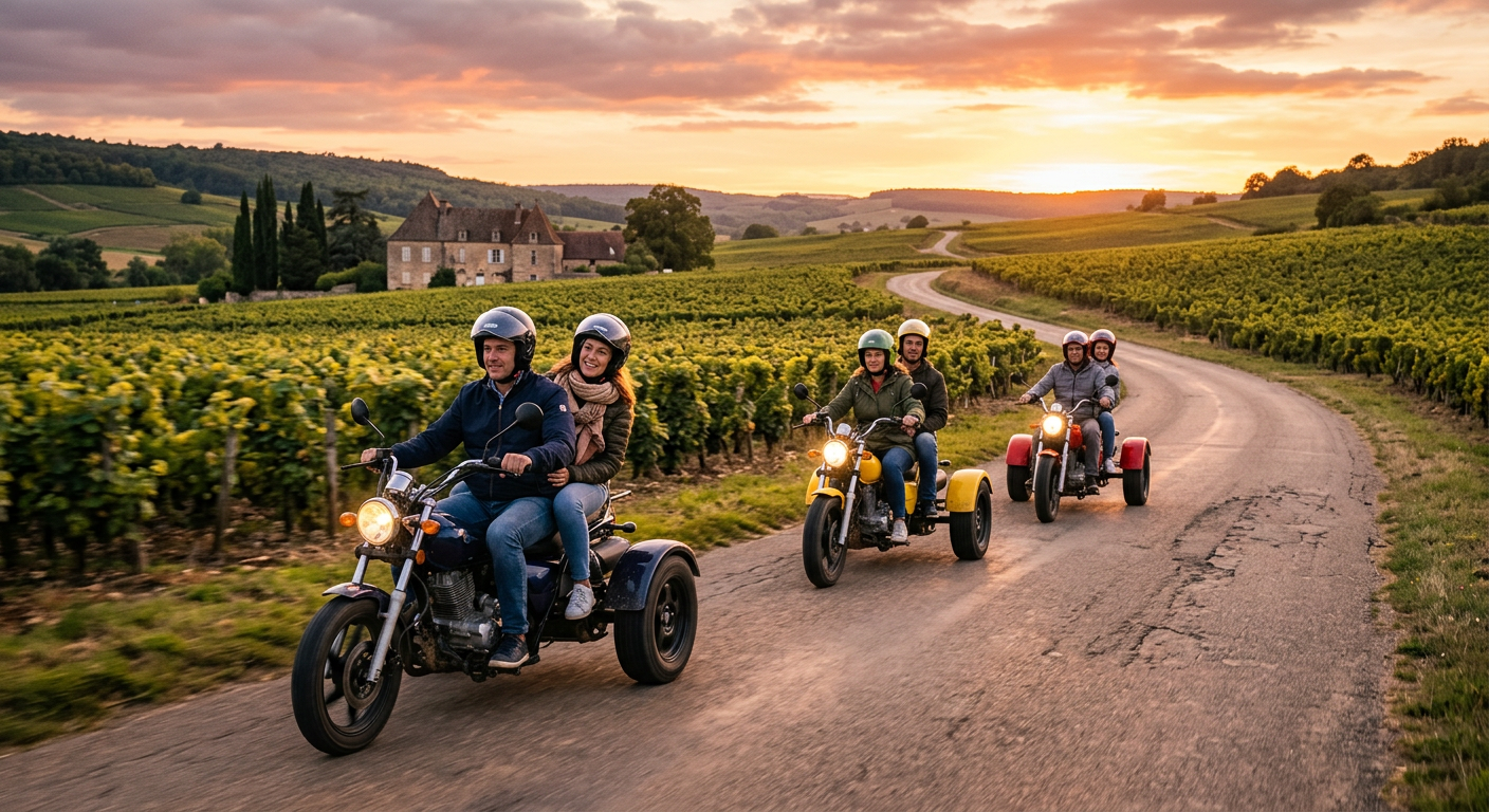 People steering three-wheeled open-air trikes down a paved wine country road at dusk