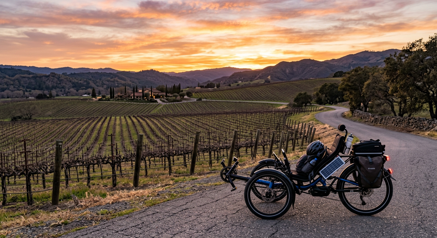 An electric trike parked on a paved rural road overlooking rows of dormant grape vines at sunset