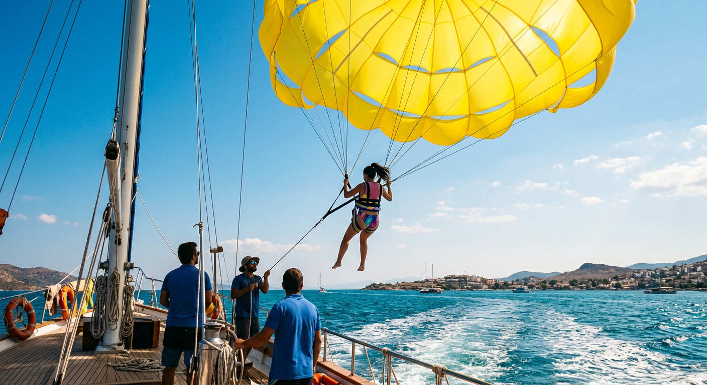 Looking up from the boat deck at a bright yellow parasail canopy filling with wind against a blue sky