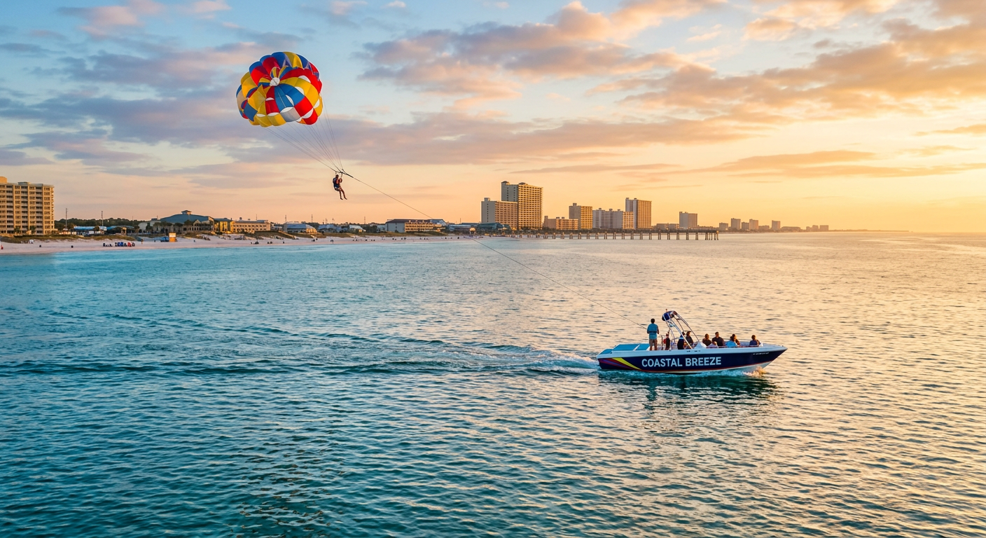A parasail boat navigating the calm morning waters of the Gulf of Mexico near Panama City Beach