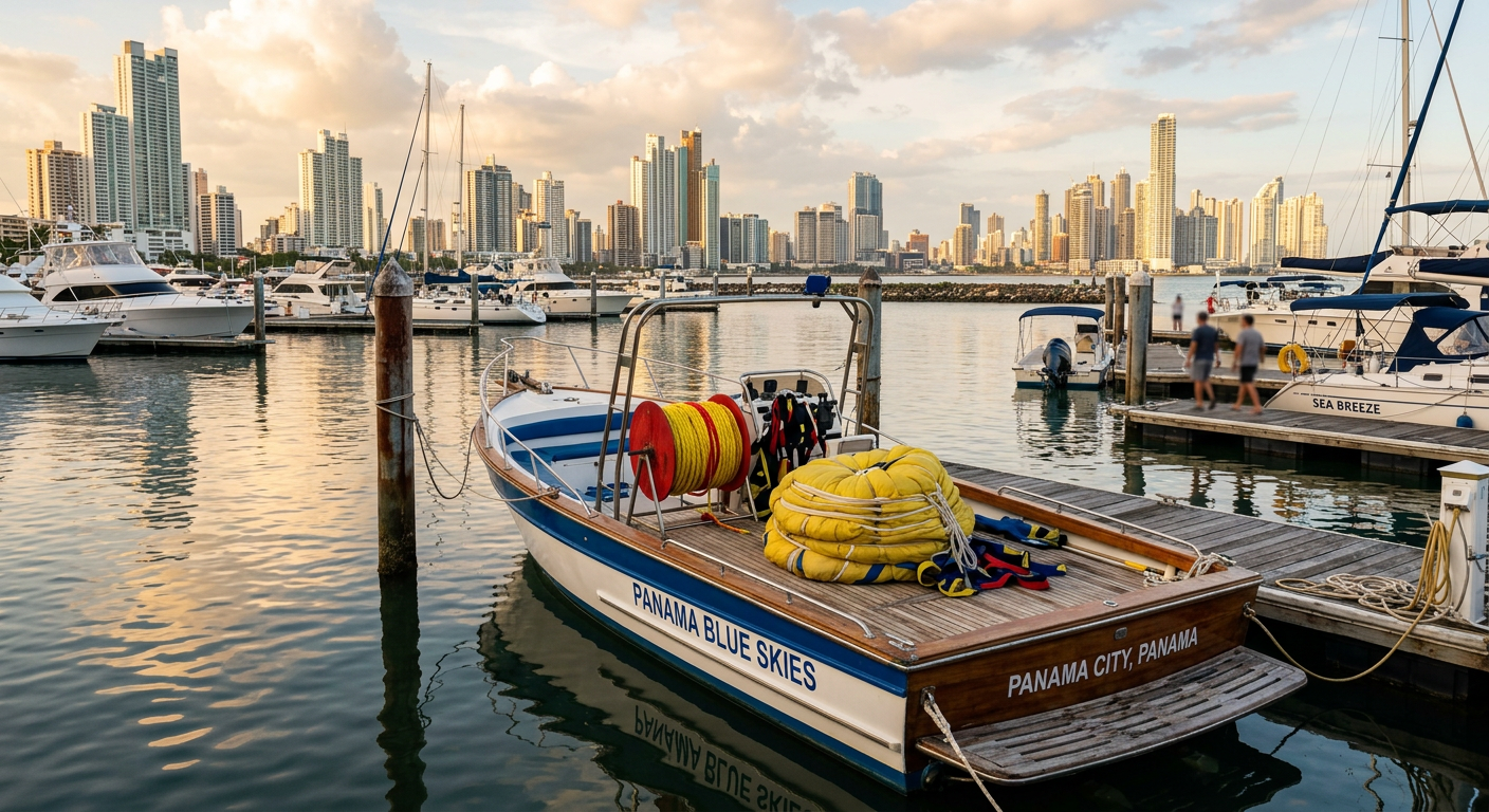 A boat docked at a Panama City marina with parasailing gear neatly coiled on the back deck