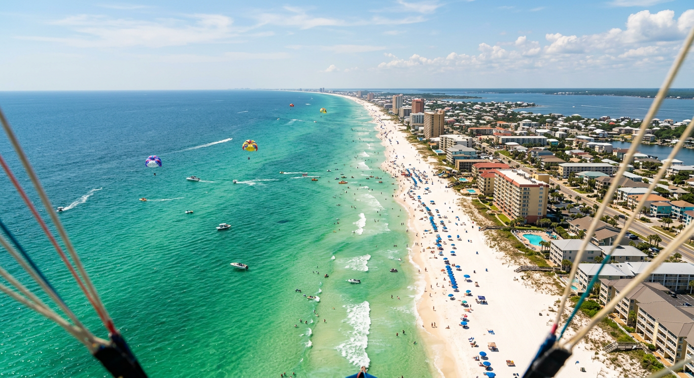 Aerial view of Panama City Beach coastline from a parasail, showing small condo buildings and emerald green water