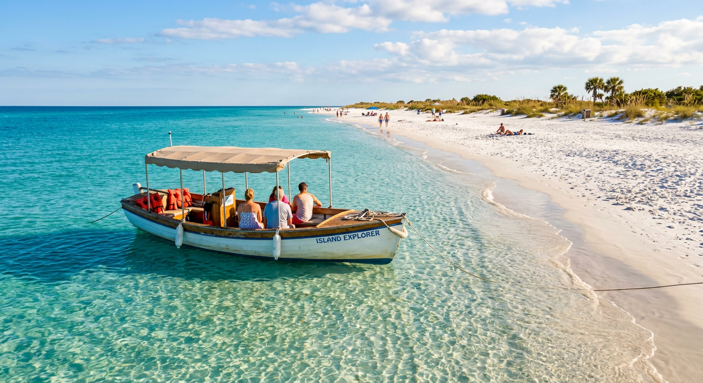 A small tour boat floating in shallow, clear water near the white sands of Shell Island