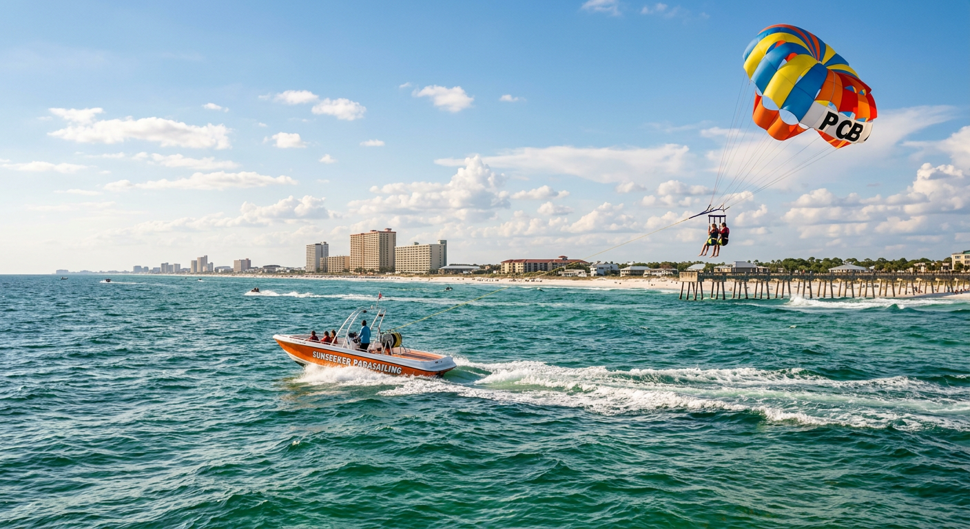 A parasail boat navigating the choppy green waters of the Gulf of Mexico near Panama City Beach
