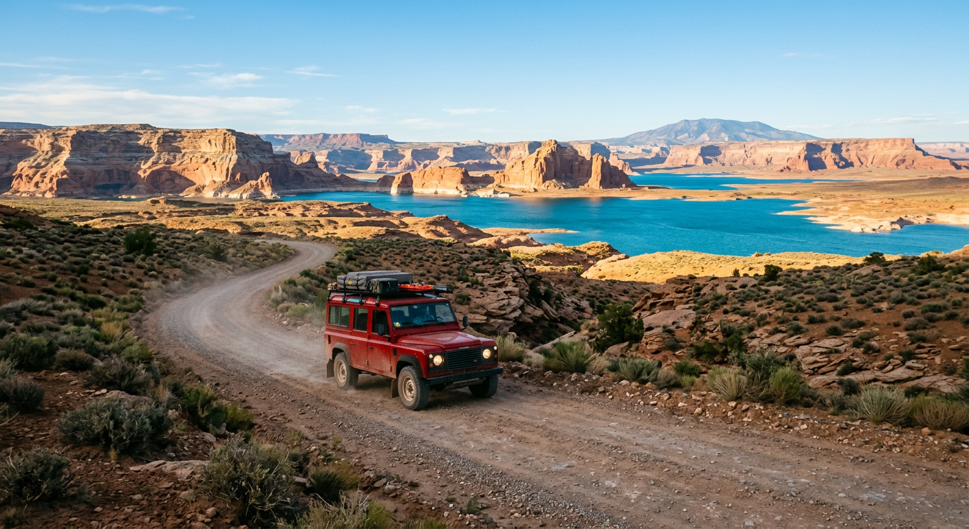 Red SUV driving on a dusty road toward a blue desert reservoir in Utah