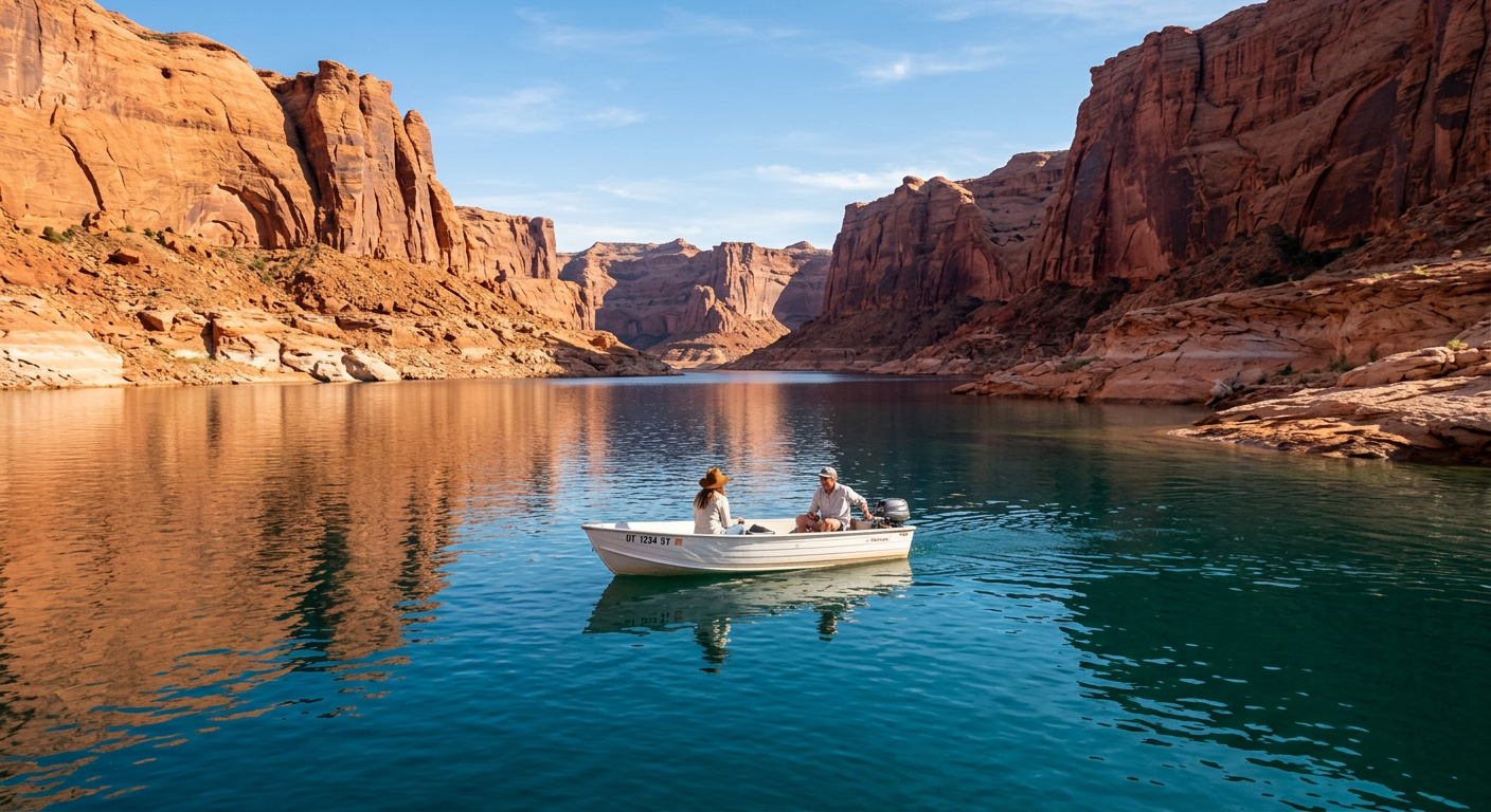 A white rental skiff floating on a deep blue reservoir surrounded by sheer red sandstone canyon walls in Utah