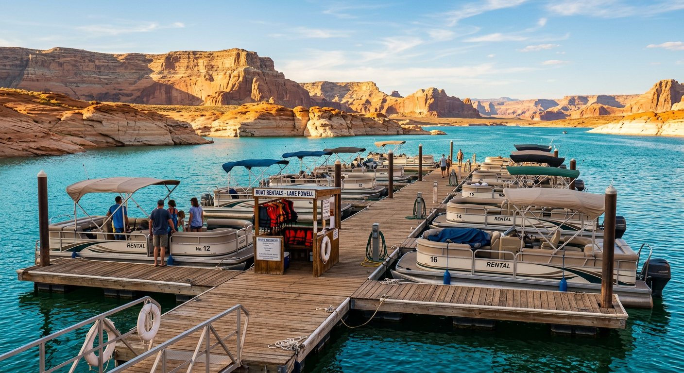 Weathered marina dock with rental pontoons moored in southern Utah desert reservoir