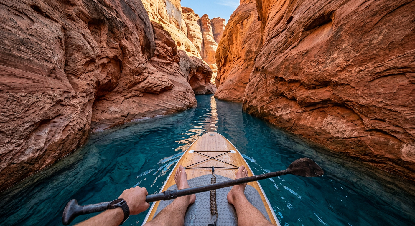 A view from a paddleboard looking into a narrow red rock slot canyon on cold blue water