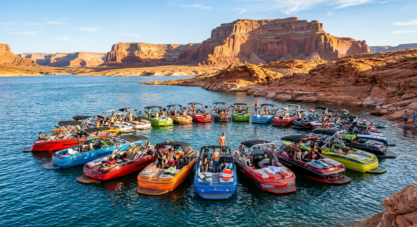 Colorful wakesurf boats crowded together on a desert reservoir with red rock shores