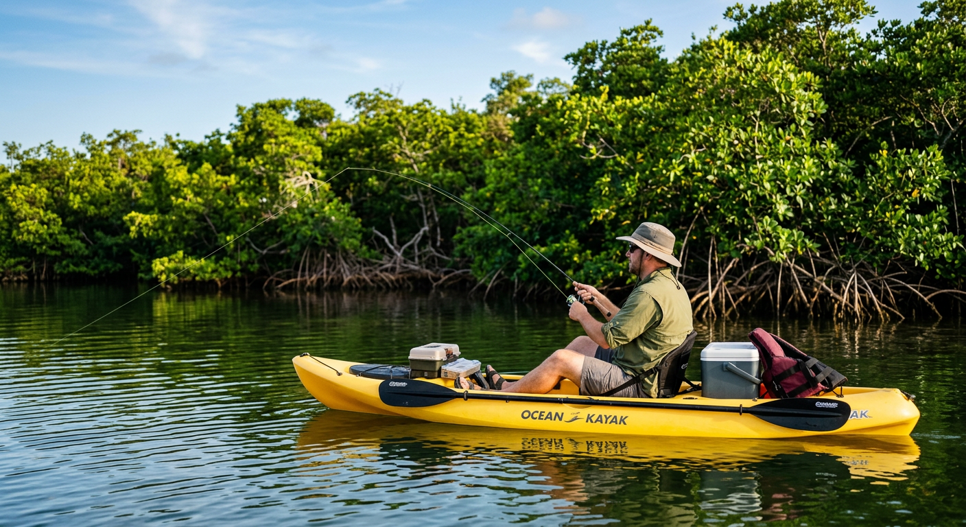 An angler sitting in a yellow kayak casting a lightweight rod into calm Key Largo mangrove waters