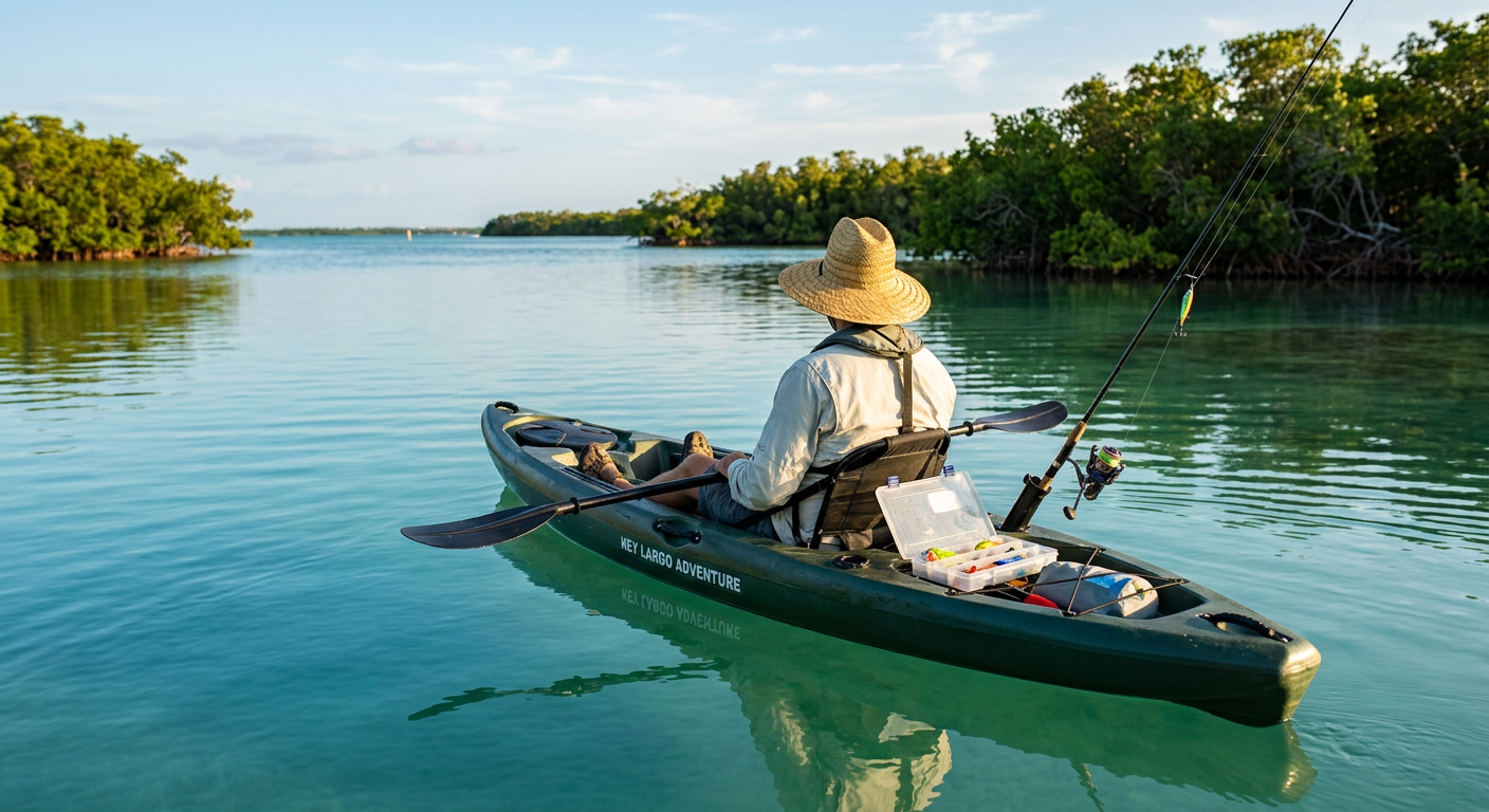 A minimalist kayak fishing setup with a single rod and small tackle tray floating in calm Key Largo waters