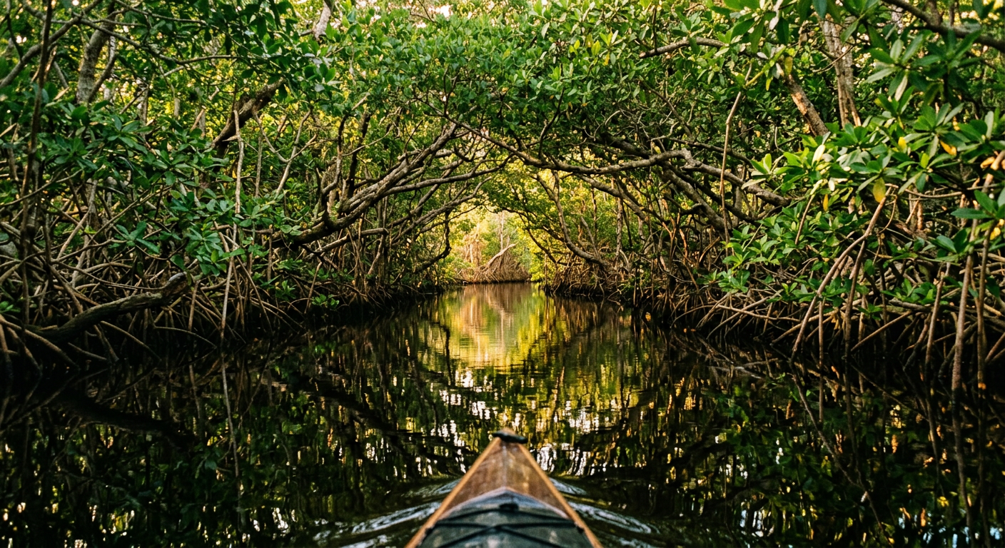 A quiet mangrove tunnel with low hanging branches reflecting on still dark water