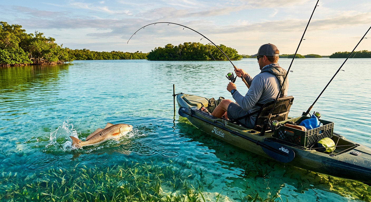 A kayak angler reeling in a redfish over a shallow clear water grass flat in Key Largo