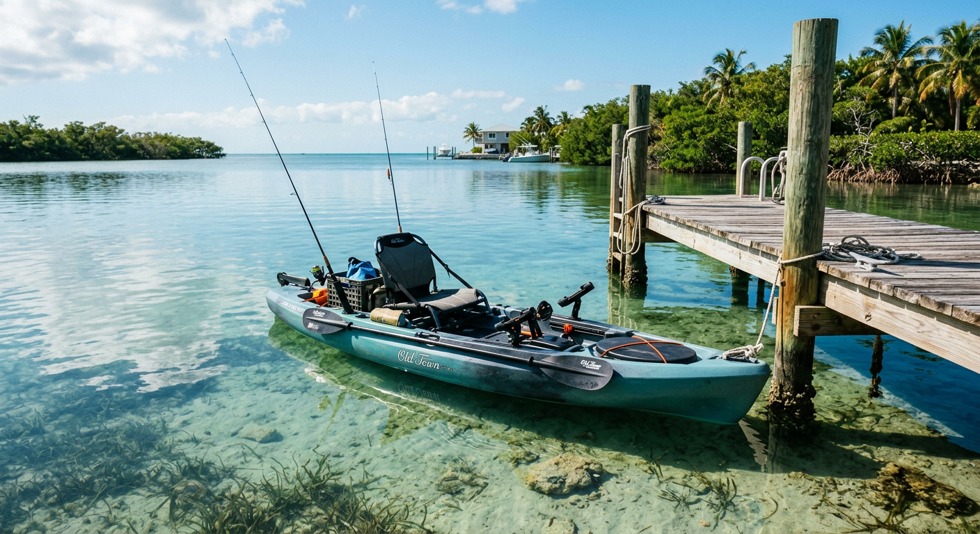 A rigged fishing kayak sitting in clear shallow water beside a wooden dock in Key Largo
