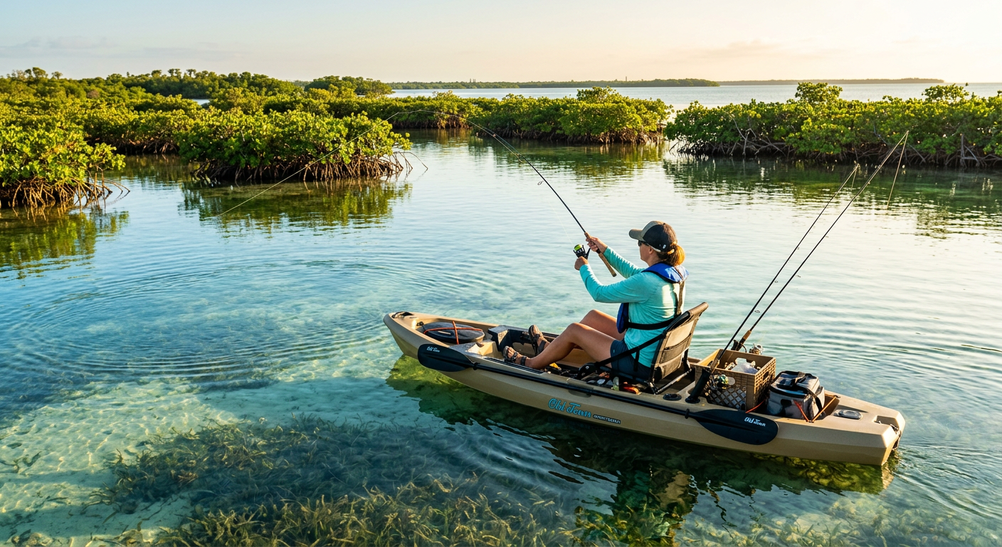 A kayaker wearing a low-profile inflatable life vest casting a fishing line in the shallow Key Largo backcountry