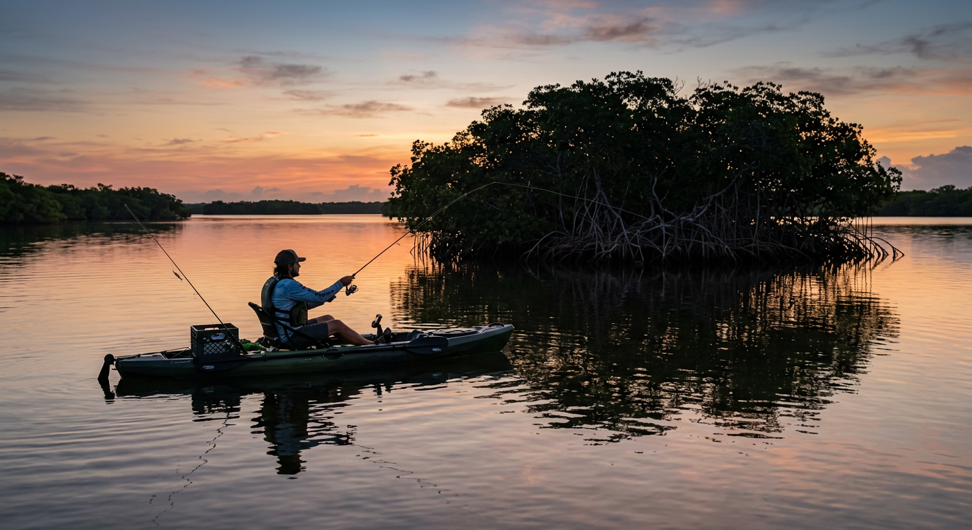 A lone angler in a kayak casting toward a mangrove island during the dim light of predawn
