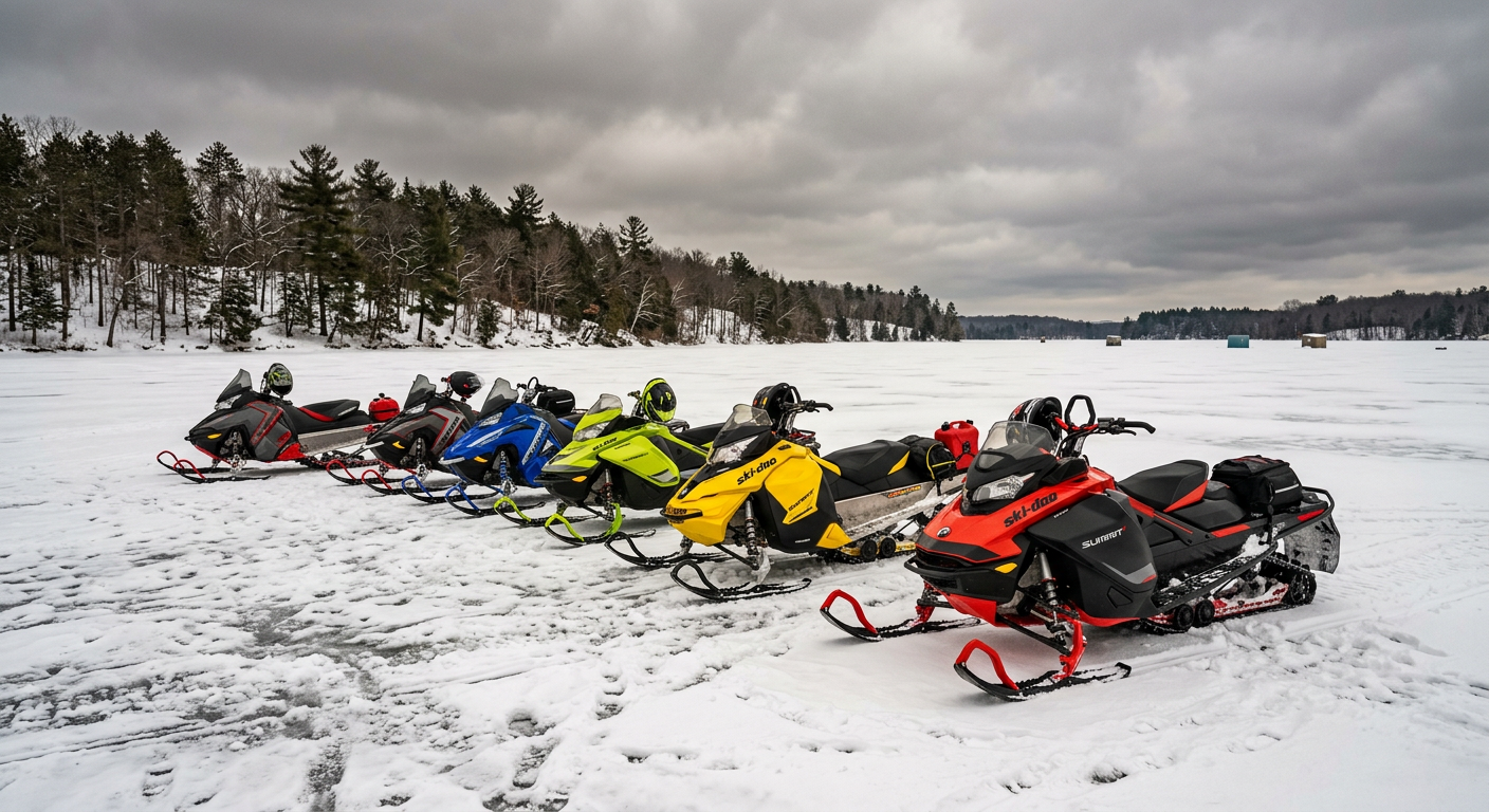 Snowmobiles parked on the thick ice of a frozen Wisconsin lake under overcast skies