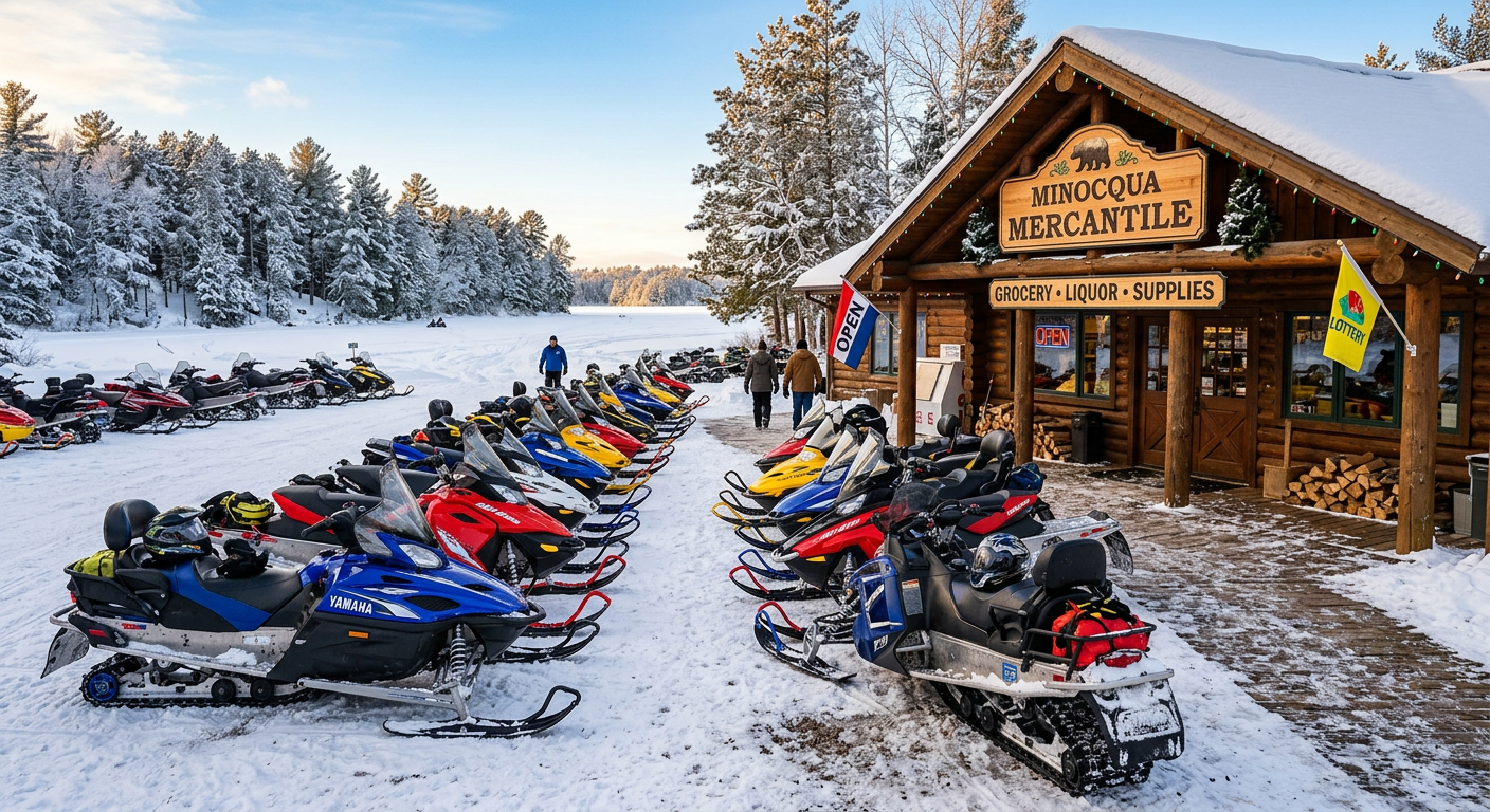 Rows of snowmobiles parked outside a local grocery store in Minocqua, Wisconsin