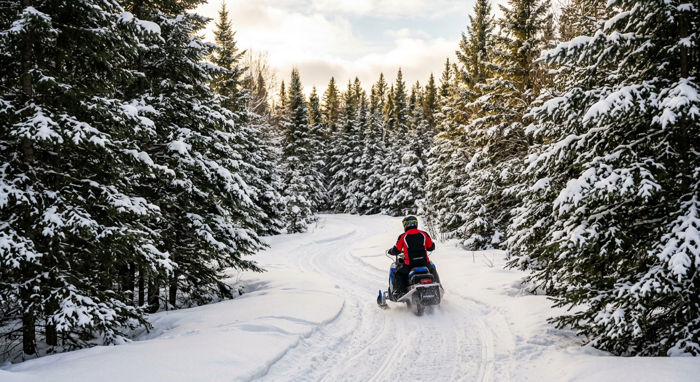 A solitary snowmobiler navigating a narrow, snow-covered trail lined with dense pine trees in northern Wisconsin