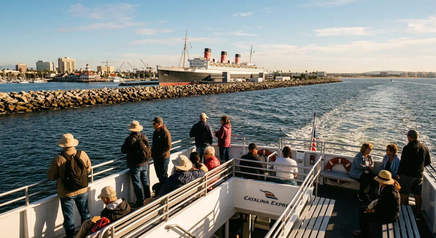 Passengers on the upper deck of a white ferry boat leaving the Long Beach harbor with the Queen Mary visible behind the breakwater